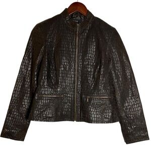 Alfani Petite Brown Leather Jacket Crew Neck Snake Skin Pockets Peplum PP
